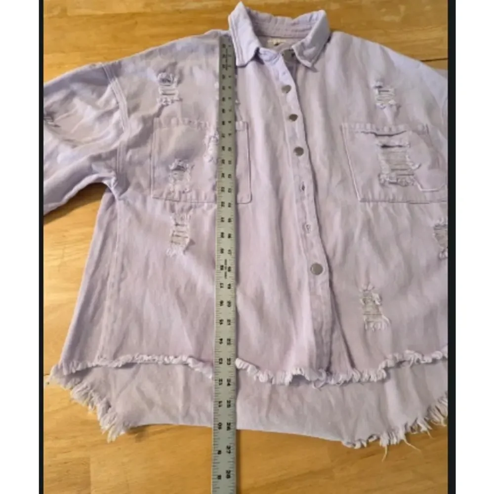 POL Lavender Distressed Denim Shacket Small Frayed Hem Button Front Boho